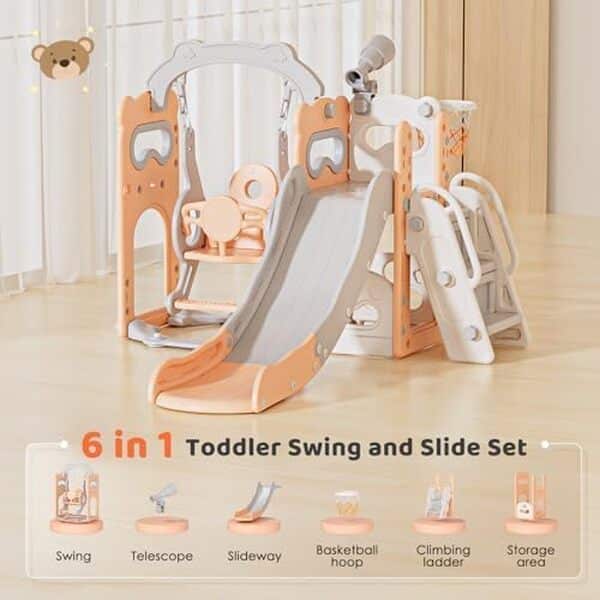 Balançoire,Toboggan et Balançoire 6 en 1 pour Tout-Petits avec Panier de Basket,Cadre d'escalade de Jardin,Télescope,Rangement,Grande Balançoire Toboggan Stable et Durable