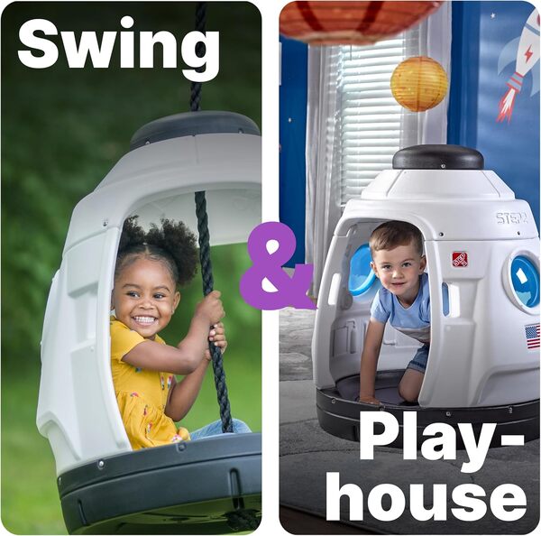 Step2 Space Capsule Swing 2-in-1, Balançoire ou Maisonnette de Jeux | Balançoire Double Capsule de l'espace Noire/Blanche, intérieur/extérieur, 2 Enfants | Balançoire pour Enfants pour Le Jardin