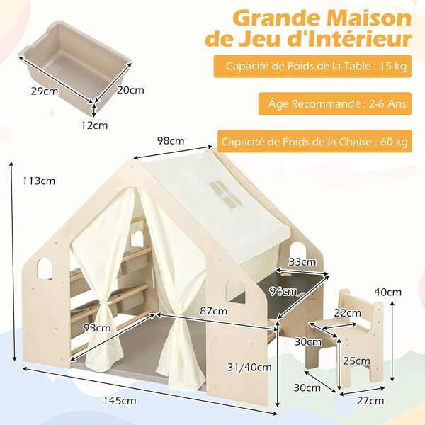 GOPLUS Maison de Jeu en Bois pour Enfants 2-6 Ans, Tente de Jeu 6 en 1 avec Tableau Noir, Table, Chaise, Bac de Rangement, Tapis de Sol, Cadre en Bois et Rideaux, Cabane de Jeu Enfant (145x98x113cm)