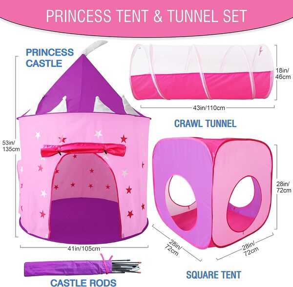 Hide N Side Tente de Princesse avec Tunnel, Maison de Jeu pour Enfants et Princesse Dress Up Pop Up Play Tent Set, Tout-Petits Jouet pour l'âge 2-7 Ans, Glow in The Dark Stars