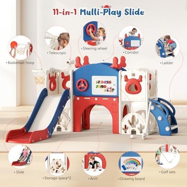 Toboggan Élan de Noël 11 en 1 pour Tout-Petits avec Panier de Basket, Structure d'Escalade, Télescope, Rangement, Arche Rampante, Golf, Planche à Dessin - Extra Long 1310mm (Bleu-Rouge)