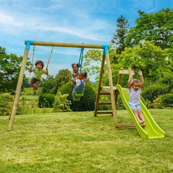 TP Toys Station de Jeu en Bois Arbousier – Balançoire, Vis-à-Vis, Toboggan et Kit d’Ancrage – Hauteur 190 cm – Bois Certifié PEFC – Aire de Jeux Extérieure Sécurisée pour Enfants Dès 3 Ans