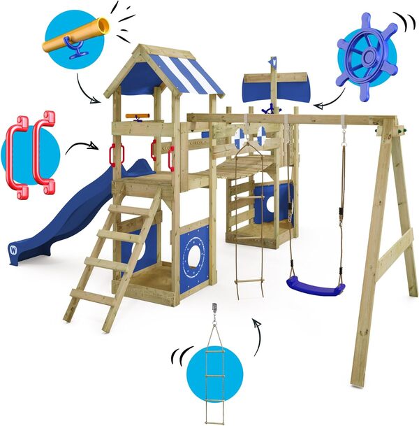 WICKEY Aire de Jeux StormFlyer portique en Bois avec balançoire et Toboggan Rouge, Tour d'escalade pour Enfants avec bac à Sable, échelle et Accessoires de Jeu pour Le Jardin.
