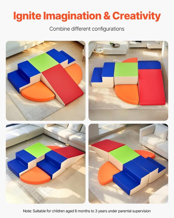 VEVOR Jouets d'escalade, 6 pièces, blocs d'escalade en mousse pour tout-petits de 6 mois à 3 ans, en cuir PU, jeu d'activités d'escalade intérieur pour ramper, grimper et glisser, facile à nettoyer