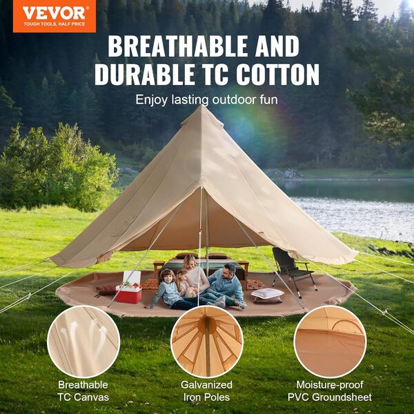 VEVOR Tente Cloche en Toile 3-7 M Tente de Yourte 4-12 Personnes Tente de Camping Familial avec Trou de Poêle à Bois, Sacs de Rangement pour Glamping Jusqu'à 8 Personnes, Groupes en Plein Air
