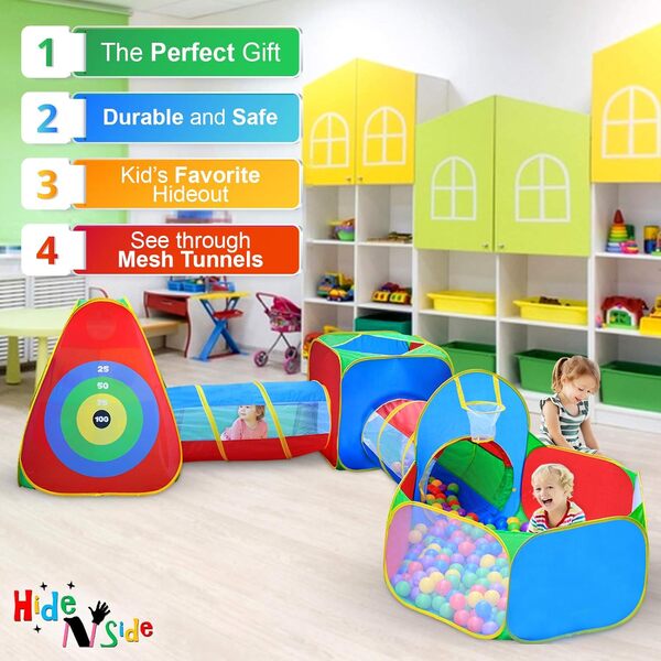 Hide N Side 5pc Kids Ball Pit Tents and Tunnels, Toddler Jungle Gym Play Tent with Play Tunnel Toy, Pit Balls Not Included, Indoor Outdoor Gift, Target Game W / 4 Dart Balls