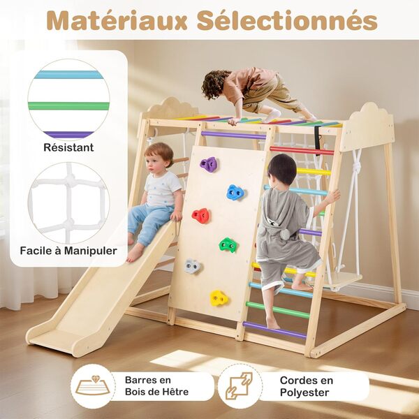 GOPLUS 8 en 1 Escalade Enfants Montessori, Triangle Escalade avec Toboggan, Échelle, Mur, Balançoire et Barre Fixe, Structure de Jeux de Intérieur pour 3 Ans+ (8 en 1,Multicolore)