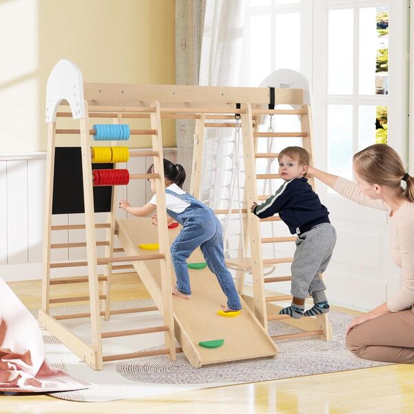 DREAMADE Aire de Jeux 7 en 1, 124 x 99 x 138CM, Triangle d'escalade Montessori en Bois pour Enfant 3+ Ans, avec Toboggan, Balançoire, Échelle Escalade, Mur, Filet (Naturel)