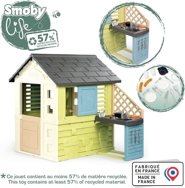 Smoby Life - Maison Pretty + Cuisine d'été - Plaque Grill et Evier - Nombreux Accessoires - Matière Recyclée - A Partir de 2 Ans - Fabrication Française