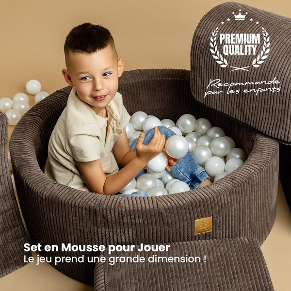 MEOWBABY Piscine à Balles et Parcours Motricité Enfant - Parcours motricité bébé - Module motricité, Côtelé, Ecru