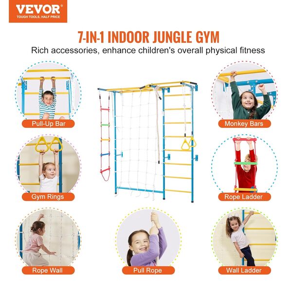 VEVOR Échelle murale suédoise pour enfants, 7 en 1, jeux d'escalade d'intérieur en acier au carbone, charge de 99,8 kg, avec échelle murale, barre de traction, échelle de corde, anneaux de gymnastique