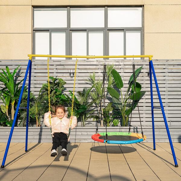 COSTWAY Portique Balançoire Extérieur en Métal avec 2 Balançoires, Balançoire Enfant Extérieur avec Cadre en Forme A & Cordes Réglables, Charge Max 300kg pour Adulte et Enfant de 3 Ans+
