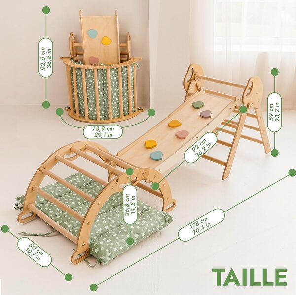 Goodevas Cadre d'escalade 5-en-1 pour Enfants - Échelle en Triangle, Arc d'escalade, Balance Board et Coussin, Cadre d'escalade Montessori, Gym en Bois pour Enfants de 1 à 3 Ans