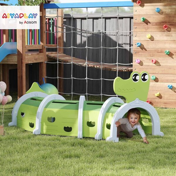 AIYAPLAY Tunnel de jeu pour enfant pour l'Intérieur et le jardin en forme de crocodile, modulable, tunnel de jeu pour enfants, pour enfants de 3 à 6 ans ramper et grimper, intérieur et extérieur, vert