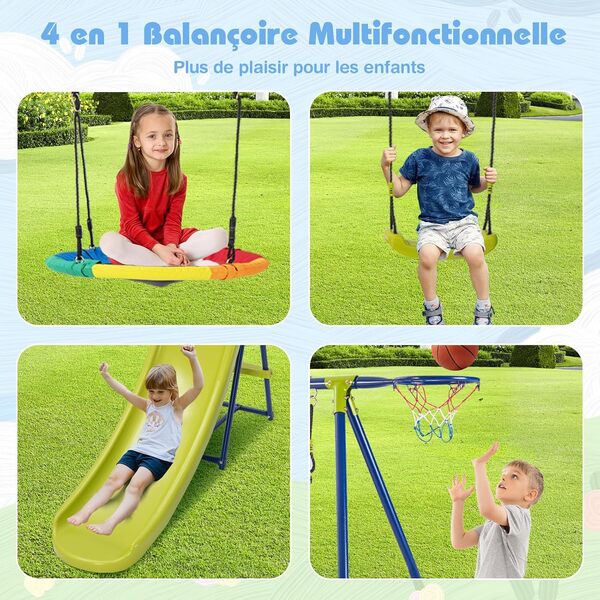 DREAMADE 4 en 1 Balançoire Exterieur Enfants 3-12Ans Portique de Balançoire avec Toboggan,Panier de Basket-Ball,2 Balancoires Réglables,Structure Jeux Enfant Charge 50KG