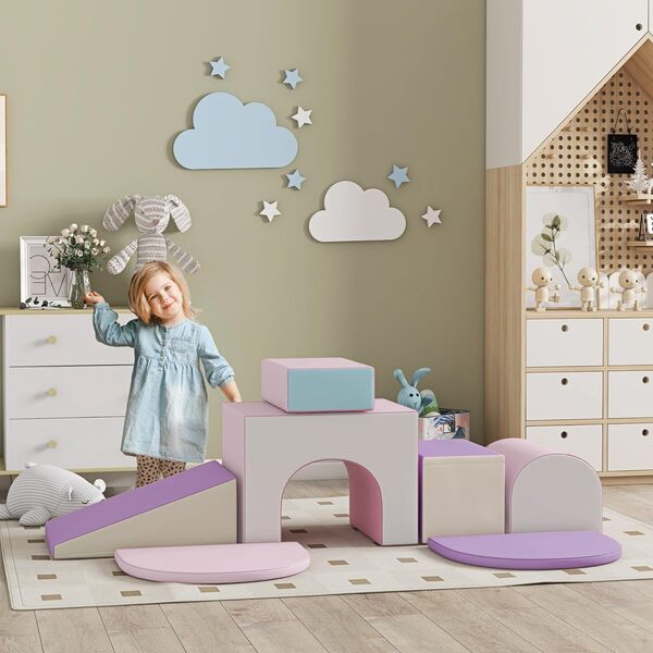 HOMCOM 7PCS Parcours motricité bébé, Jouet d'escalade, Mousse Blocs de Construction avec revêtement synthétique, Jouets éducatifs pour Enfants d'âge préscolaire, Multicolore