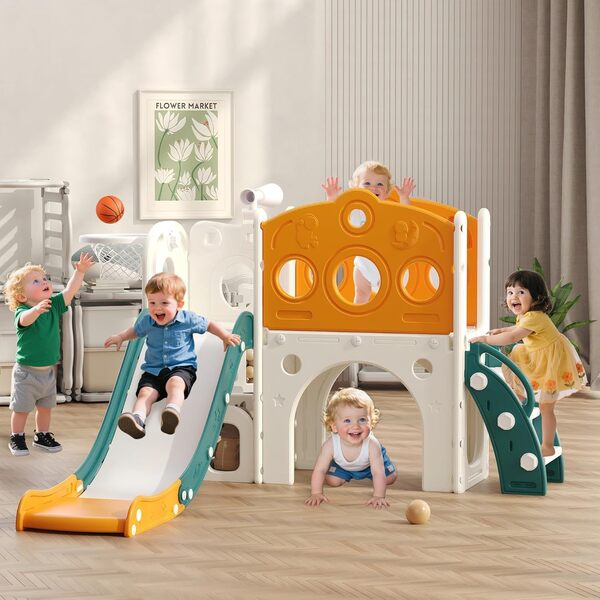 Toboggan pour Enfant, Toboggan 8 en 1 pour Tout-Petits, avec Panier de Basket, Télescope et Grimpeur, Aire de Jeux Intérieure et Extérieure pour Tout-Petits, Vert