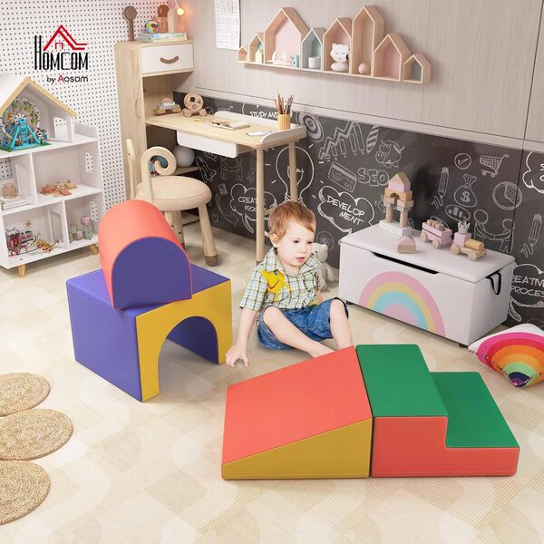 HOMCOM Parcours motricité bébé 4PCS, Module motricité bébé en Mousse EPE avec Housse en revêtement synthétique, Blocs Mousse de Construction, Jouets éducatifs Enfants d'âge préscolaire, Multicolore