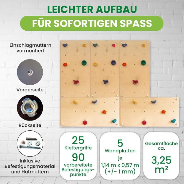 Gartenpirat Mur d'escalade intérieur IW5 5 Panneaux muraux 114x 57 cm (3,25 m²) avec 20 Prises d'escalade de