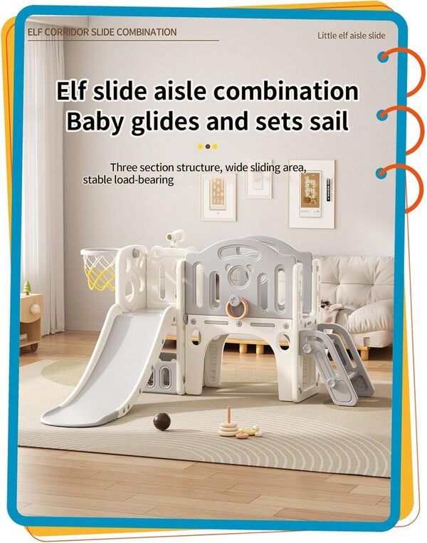 Structure Jeux Toboggan pour Enfant: Aire de Jeux Intérieure et Extérieure Enfant avec Coffre de Rangement Tunnel Escalier Echelle Panier de Basket et Zone de Passage (Elf Set-D-Gray)