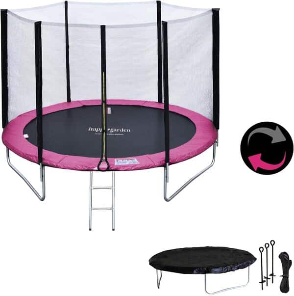 Pack Premium Trampoline Enfant Ø 245 cm avec Filet de sécurité + échelle + bâche + kit d'ancrage – Réversible Gris/Rose – Usage extérieur – Canberra – Dès 3 Ans