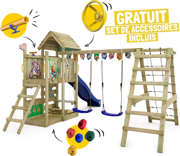 Disney Mickey et Ses Amis Story Aire de Jeux de Wickey - Structure d'escalade, Tour d'escalade, Jeux de Jardin pour Enfants - Aire de Jeux extérieure en Bois avec bac à Sable