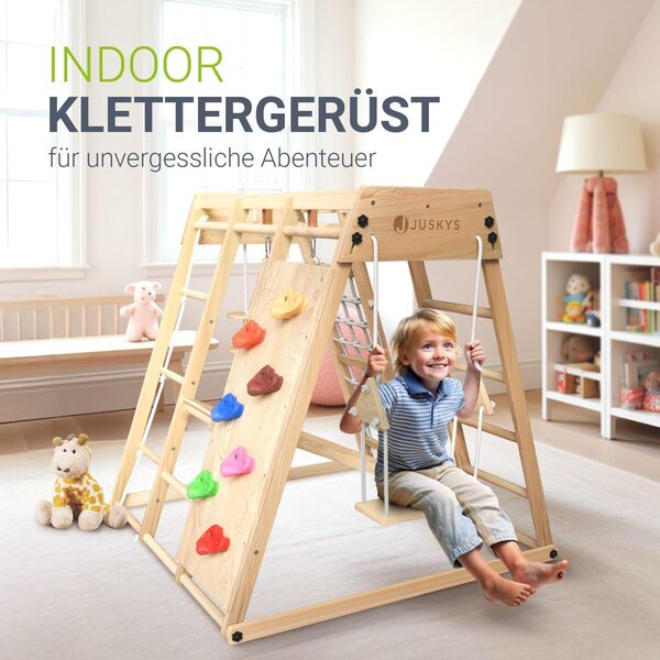 Juskys Maxi Structure pour Enfants - Aire de Jeux Intérieure avec Toboggan, Mur d'Escalade, Filet à Grimper & Balançoire - Tour Pliable en Bois - Coloris Naturel