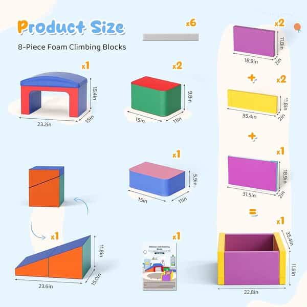 Lischwert Parcours motricité bébé,Jouets d'escalade,Mousse Blocs de Construction Jouets éducatifs,Soft Play Corner Climber pour Tout-Petits Bébé 1 Ans+ (Jmqc-Color)