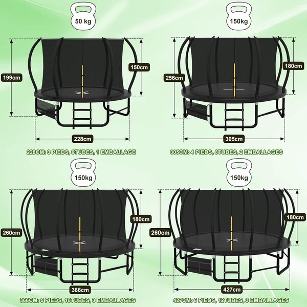 Devoko Trampoline Extérieur Ø228/305/366/427cm, Traverses de Jambe renforcées, Structure Stable et Robuste, Charge Max 160kg, Construction Monobloc, Installation Rapide, Adapté aux Enfants et Adultes