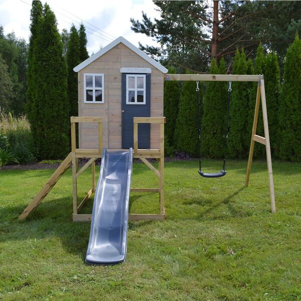 M24G Cabane sur pilotis avec Toboggan et balançoire, Maison de Jeu en Bois FSC pour Enfants, 330×350×242 cm, Plateforme 90 cm, avec échelle, bac à Sable & Toit étanche, Outdoor, Grise