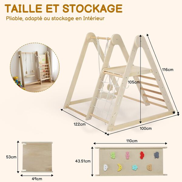 LEADZM 7 en 1 Ensemble d'escalade Pliable avec Balançoire Réglable et Aire de Jeux de la Base Secrète, Gymnase en Bois pour Tout-Petits Bébé avec Filet, Échelle et Roches Colorées