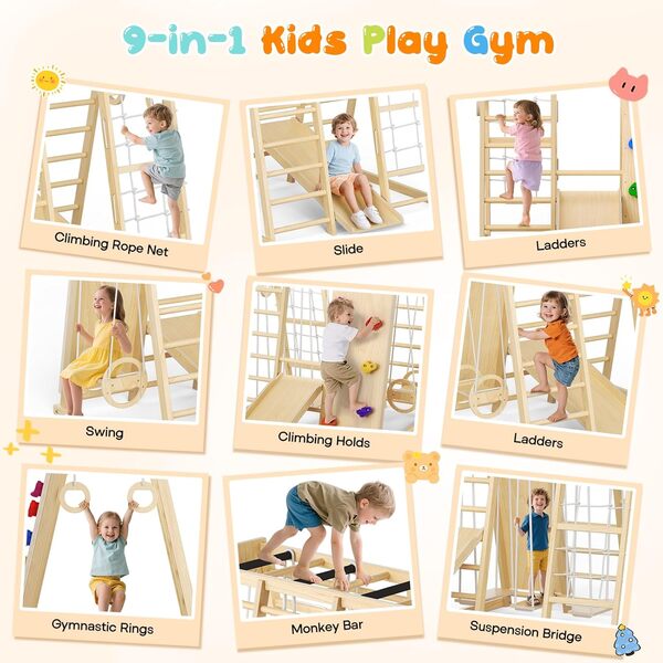 Aire de Jeux intérieure 9 en 1 pour Enfants, Aire de Jeux intérieure en Bois avec Toboggan et balançoire, Ensemble d'escalade Montessori avec Filet d'escalade et Barres de Singe