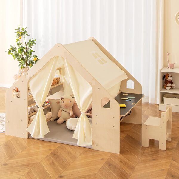 DREAMADE 6 en 1 Tente de Jeu en Bois Enfants 2-6Ans,Maison de Jeu avec Tapis&Tableau Noir Double Face&Chaise&Coffre à Jouets&Rideaux,Cabane de Jeu Enfant Intérieure (145X98X113CM)