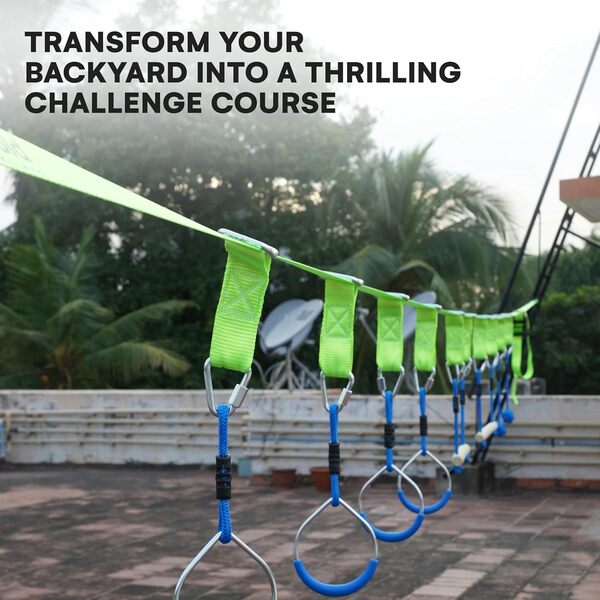 flybold Parcours d'obstacles pour Enfants | Kit de Slackline Ninja Warrior avec 8 Obstacles réglables | Cliquet à Double engrenage pour Plus de sécurité | Excellent équipement d'entraînement de Ligne