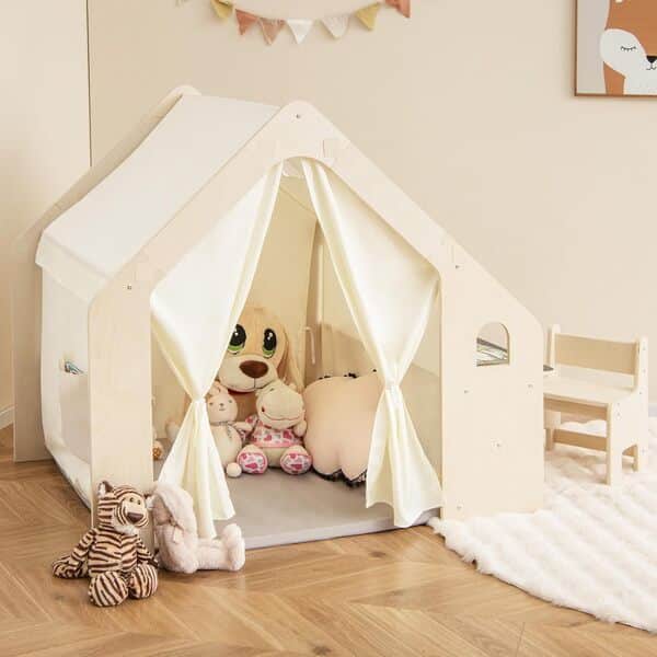 DREAMADE 6 en 1 Tente de Jeu en Bois Enfants 2-6Ans,Maison de Jeu avec Tapis&Tableau Noir Double Face&Chaise&Bac&1 Poche Latérale&Rideaux,Cabane de Jeu Enfant Intérieure (131X98X113CM)