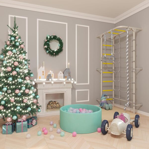 JEFLEX Espalier blanc et jaune pour enfants avec filet d'escalade/cadre d'escalade pour enfants avec anneaux de gymnastique et corde d'escalade/favorise le fitness et la coordination/montage mural