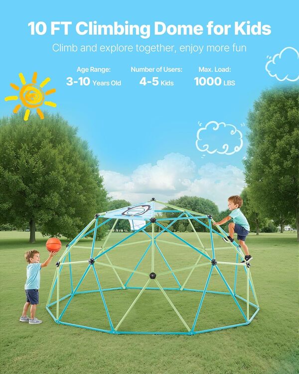 VEVOR Dôme d'escalade Géométrique 305 cm, Cage à Grimper avec Filet Pieuvre et 2 Ballons de Basket, Cage à Écureuil Solide avec Capacité de Charge de 453 kg, Aire de Jeux d'Extérieur, Arrière-Cour