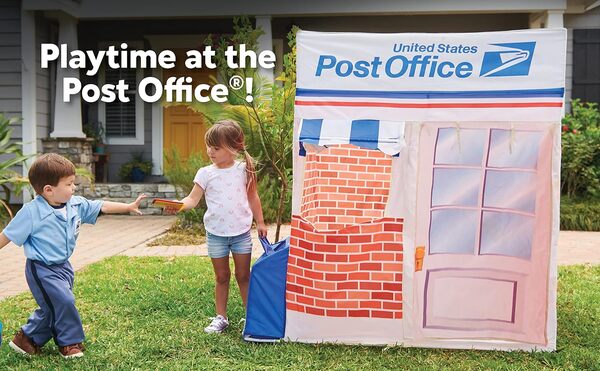Kid Trax Tente de jeu magique Pop Up pour enfants, grandes ouvertures avant et arrière, étui de transport inclus, rangement facile, bureau de poste USPS, blanc