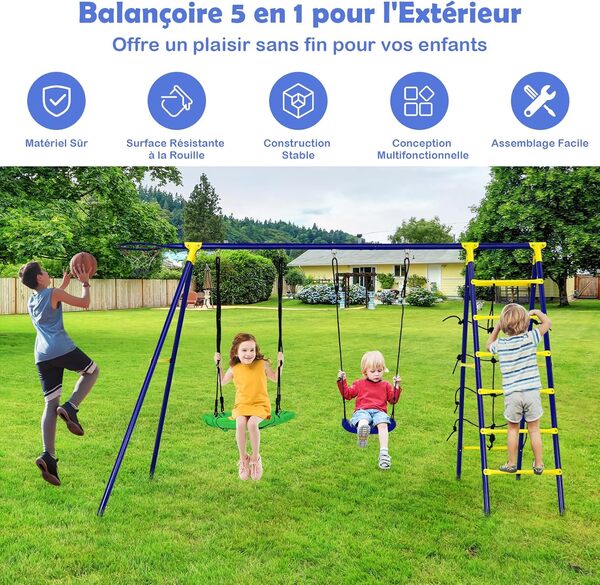 COSTWAY 5 en 1 Balançoire Enfants Extérieur avec Panier de Basket, Balançoire Nid d'Oiseau Ø66 cm et en U avec Hauteur Réglable, Filet & Echelle d’Escalade, Charge 75kg pour 3-12 Ans