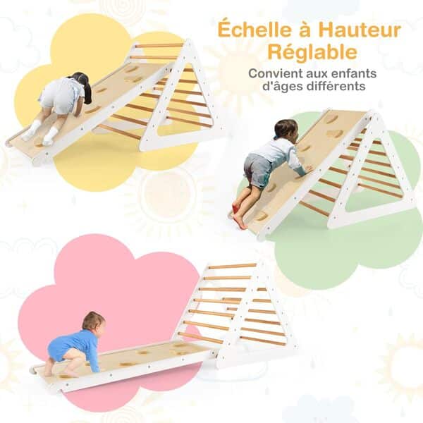 COSTWAY 3 en 1 Triangle d'escalade Montessori Enfant avec Rampe, 2 Échelle d'escalade Montessori en Bois pour Grimper, Charge Max 60KG, Utilisation Intérieur pour Enfants de 3 Ans+