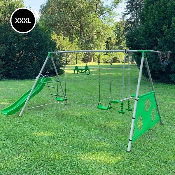 HyperMotion Swing HYP9 Aire de Jeux XXXL - Balançoires Double et Simple, Toboggan, TrapèZE, Panier Basket, But Football - pour 6 Enfants 3+ Ans, 300 kg Max - Vert