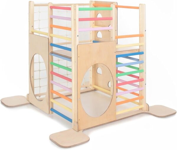 HomeForDreams Tour d'escalade carrée en bois d'inspiration Montessori pour tout-petits : aire de jeux d'intérieur pliable avec planches d'accessoires (arc-en-ciel, avec planche intérieure)
