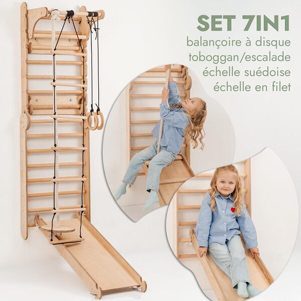 Goodevas Échelle Suédoise pour l'Aire de Jeux d'Intérieur - Ensemble de Jeux d'escalade Montessori - d'escalade en Bois d'Intérieur pour Les Tout-Petits et Enfants de 2-12 Ans