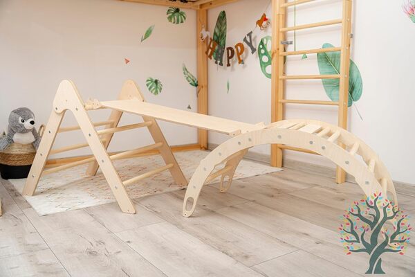 WoodsCraft 3en1: Arche d'Escalade, Triangle d'Escalade & Toboggan Interieur Enfant & Bebe | Arche Montessori avec Coussin Hypoallergénique & 2en1: Rampe/Toboggan | Escalade Enfant Interieur