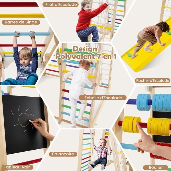 COSTWAY 7 en 1 Aire de Jeux Intérieure en Bois Enfant avec Tableau Noir & Balançoire, Triangle d'escalade Montessori avec Échelle & Filet & Barre & Rocher, Jeu d'escalade pour Bébé de 3 Ans+