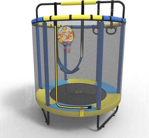 PILIN Trampoline pour Enfants, Trampoline intérieur/extérieur avec balançoire, Barres de Gymnastique, cerceaux, Panier de Basket/fléchettes Inclus, 145cmx170cm, capacité de Poids 50kg