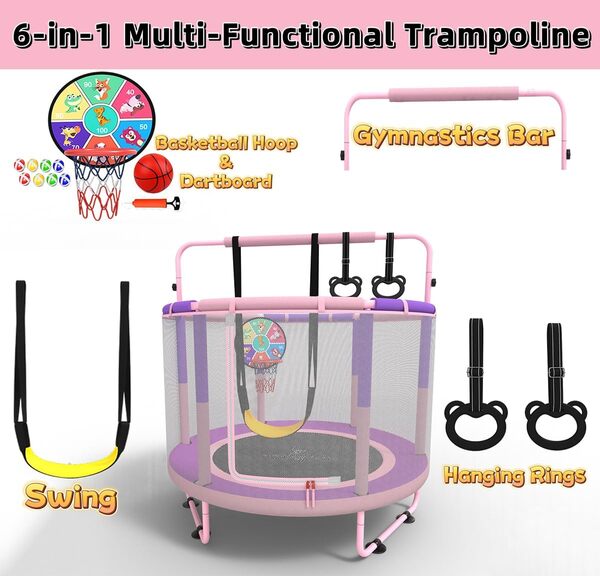 Trampoline pour enfant, pour l'extérieur, intérieur et extérieur, avec filet de sécurité, panier, barre, balançoire, cadeau pour enfants