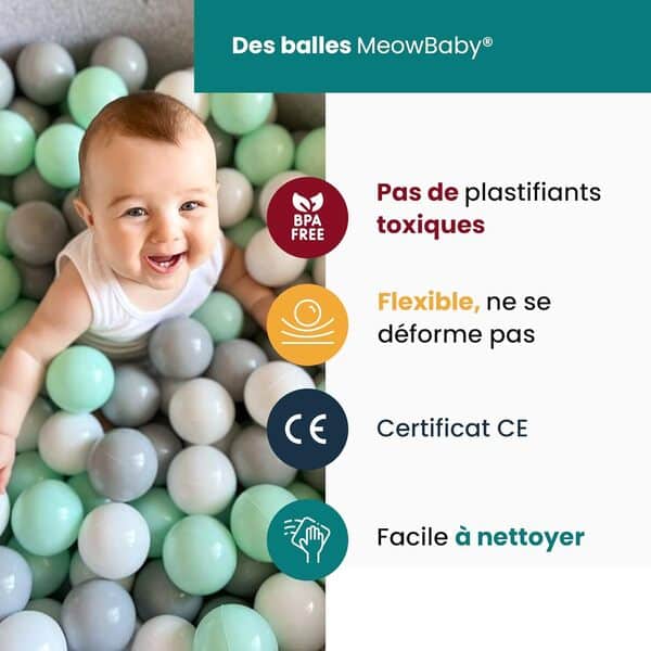 MEOWBABY Parcours de motricité avec Piscine à Balle pour bébé en Mousse - Petit Parc de Jeu en Mousse pour Enfants - Inclus 100 balles, Velours, Gris Clair