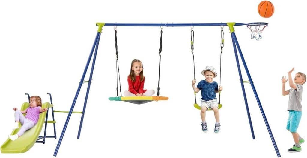 Test : portique 4-en-1 GOPLUS pour enfants, balançoire, toboggan et plus