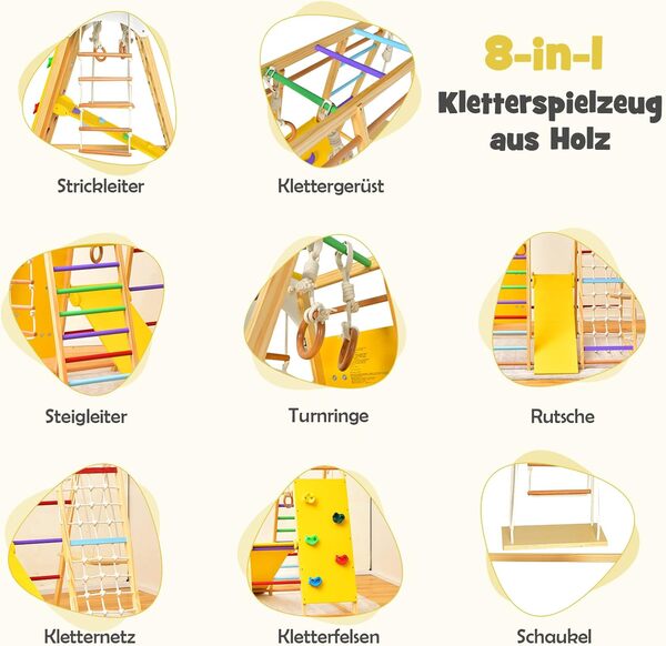 DREAMADE Triangle d'escalade 8 en 1 avec balançoire, échelle, toboggan, filet d'escalade, anneaux de gymnastique, aire de jeux d'intérieur, en bois, pour toboggan et escalade, pour enfants à partir de